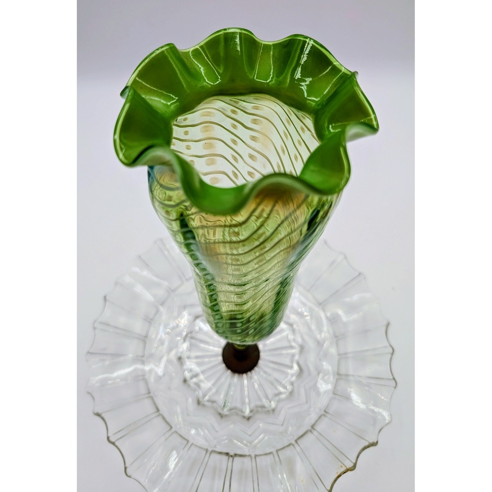 Victorian Green Opalescent Glass Epergne Centerpiece Trumpet Vase Ruffled Base